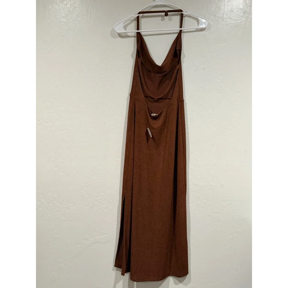 Free People Intimately Cowl Neck Halter Maxi Dress Brown Backless Slit XS NEW